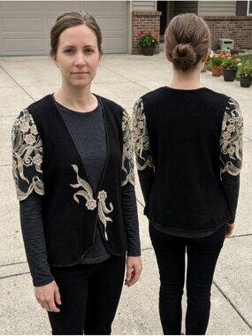 Vtg 90s El-Ana XL Black Whimsigoth Knit Top Sheer Floral Embroidered Sleeves